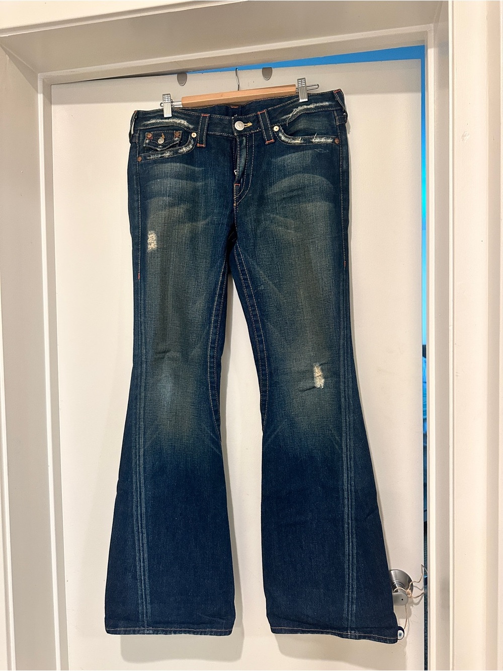 True Religion Women’s Dark Blue distressed flared/ bell bottom Jeans